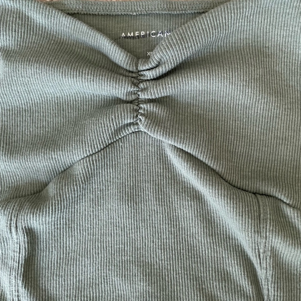 AE Bundle Cinched Front Flutter Sleeve & Ribbed Tank Crop Tops Sage Green XS - Picture 6 of 12